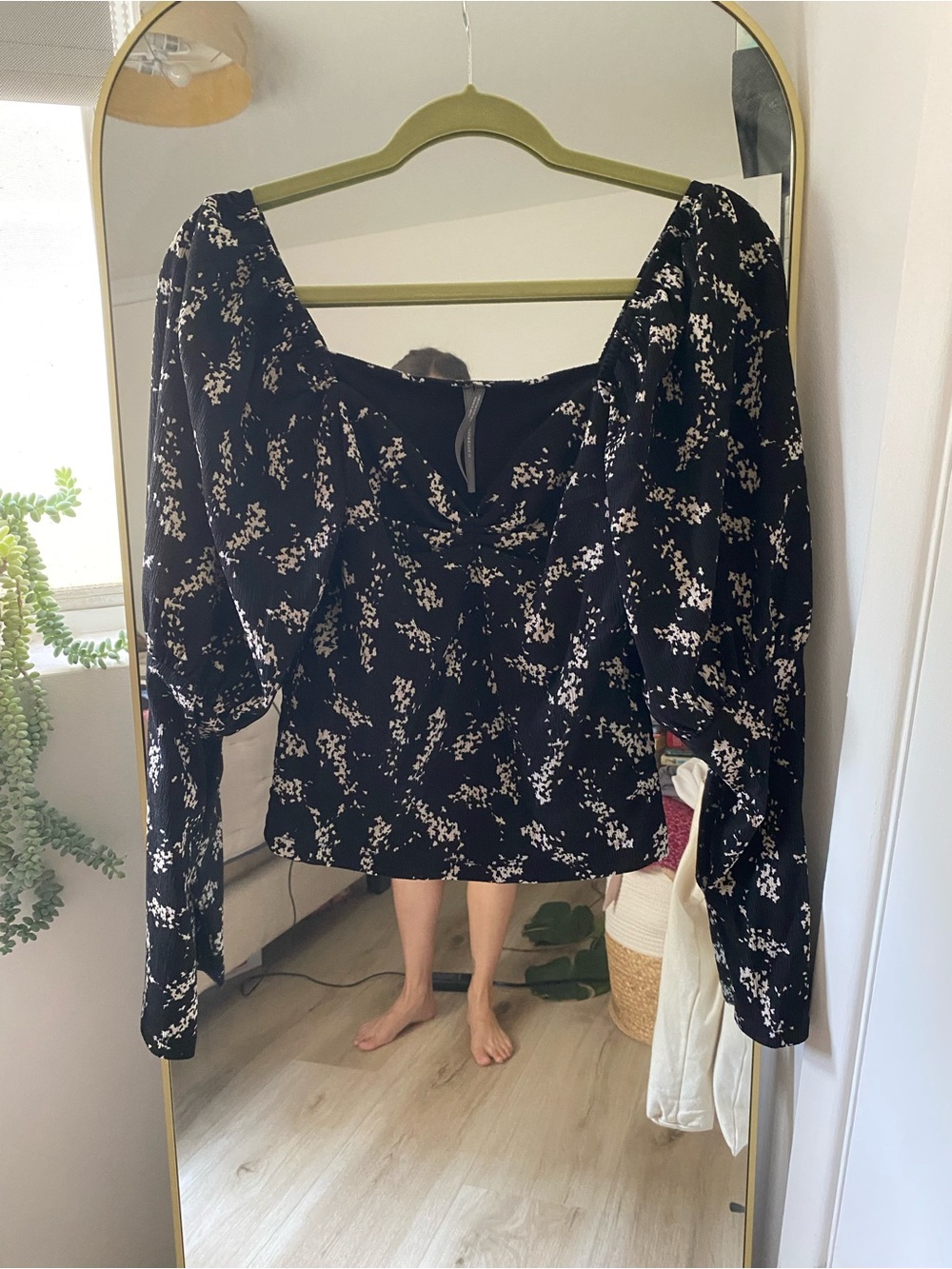 Anthropologie Square-Neck Black Floral Puff-Sleeve Blouse